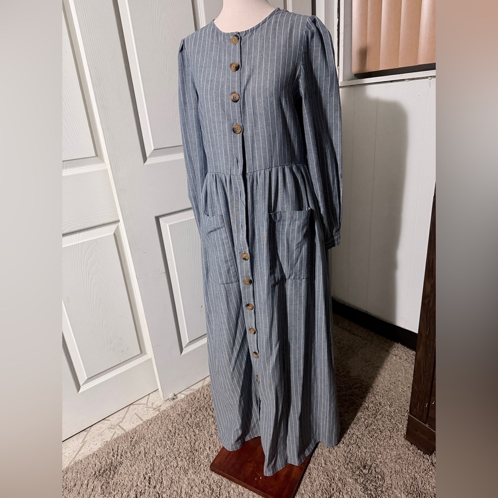 SHEIN Blue Striped Long Sleeve Maxi Dress